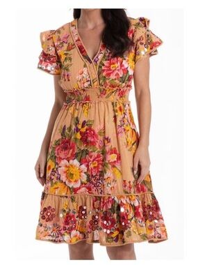 Talisman Costa Floral Smocked Waist Tan Dress with Ruffle Sleeves